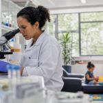 Pesquisadora em ambiente universitário com elementos visuais que representam maternidade e carreira científica