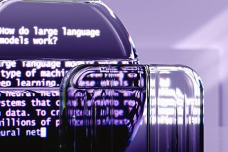 Ilustração abstrata com formas e elementos visuais que representam modelos de linguagem e inteligência artificial