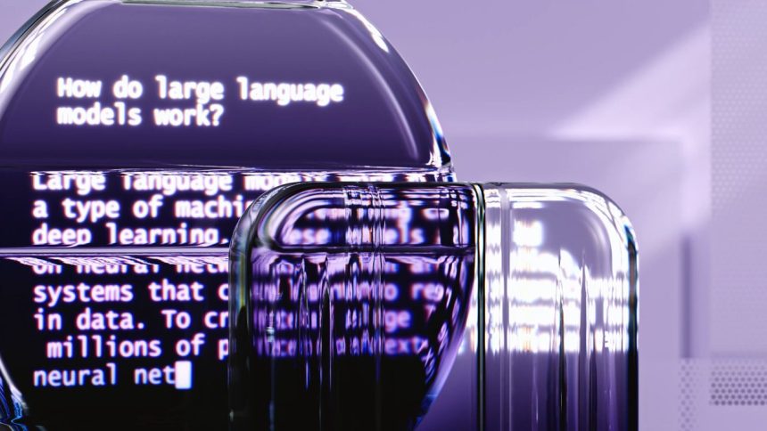 Ilustração abstrata com formas e elementos visuais que representam modelos de linguagem e inteligência artificial